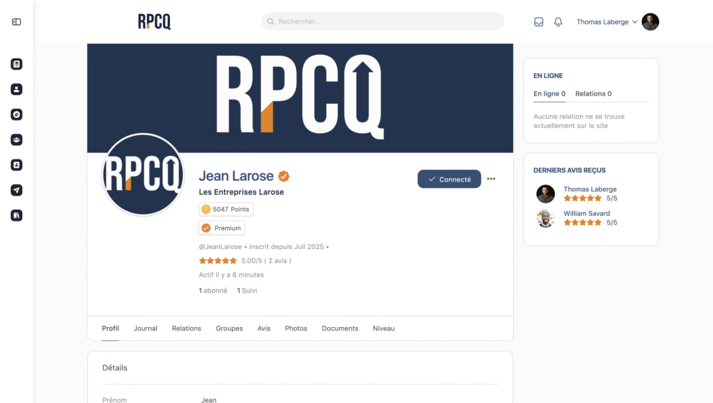 Aperçu d'un profil du réseau des professionnels de la construction du Québec.