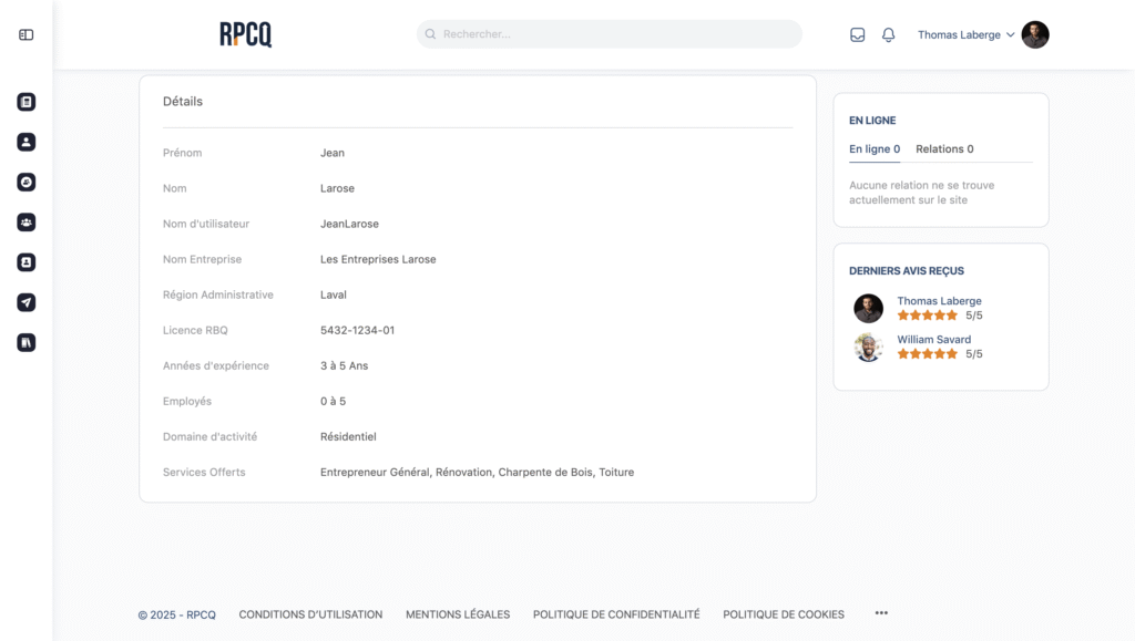 Détails d'un profil du RPCQ.